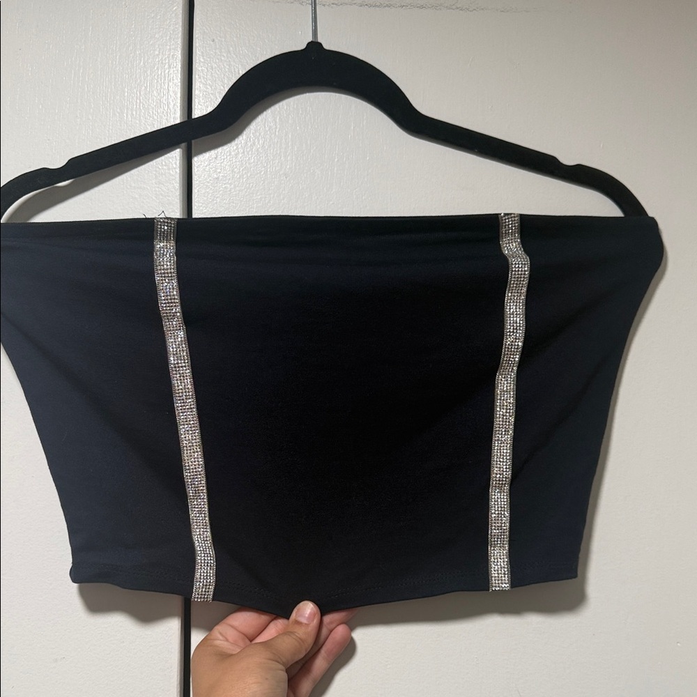 Black Strapless Tube Top with Silver Rhinestone Stripes